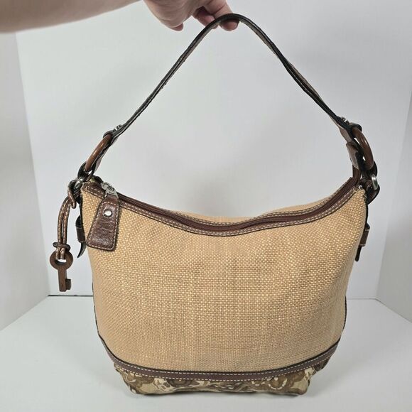 Fossil Shoulder Bag Natural Woven Fabric Paisley Leather Brown Beige Wooden Key - Picture 1 of 13